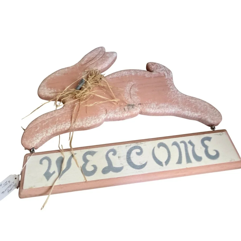 Vintage Rustic Wood Easter Bunny Welcome Sign Pink Distressed Farmhouse Decor